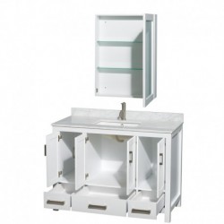 48 inch Single Bathroom Vanity in White, White Carrera Marble Countertop, Undermount Square Sink, and Medicine Cabinet