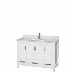 48 inch Single Bathroom Vanity in White, White Carrera Marble Countertop, Undermount Square Sink, and No Mirror