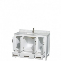 48 inch Single Bathroom Vanity in White, White Carrera Marble Countertop, Undermount Square Sink, and No Mirror