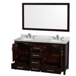 60 inch Double Bathroom Vanity in Espresso, White Carrera Marble Countertop, Undermount Oval Sinks, and 58 inch Mirror