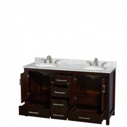 60 inch Double Bathroom Vanity in Espresso, White Carrera Marble Countertop, Undermount Oval Sinks, and No Mirror