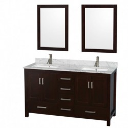 60 inch Double Bathroom Vanity in Espresso, White Carrera Marble Countertop, Undermount Square Sinks, and 24 inch Mirrors