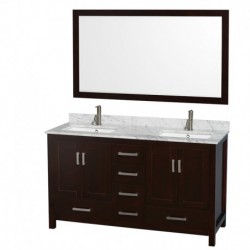 60 inch Double Bathroom Vanity in Espresso, White Carrera Marble Countertop, Undermount Square Sinks, and 58 inch Mirror
