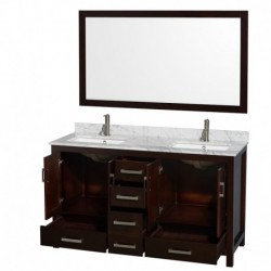 60 inch Double Bathroom Vanity in Espresso, White Carrera Marble Countertop, Undermount Square Sinks, and 58 inch Mirror