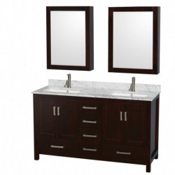 60 inch Double Bathroom Vanity in Espresso, White Carrera Marble Countertop, Undermount Square Sinks, and Medicine Cabinets