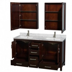 60 inch Double Bathroom Vanity in Espresso, White Carrera Marble Countertop, Undermount Square Sinks, and Medicine Cabinets