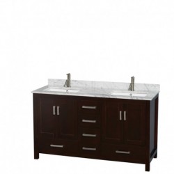 60 inch Double Bathroom Vanity in Espresso, White Carrera Marble Countertop, Undermount Square Sinks, and No Mirror