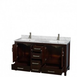 60 inch Double Bathroom Vanity in Espresso, White Carrera Marble Countertop, Undermount Square Sinks, and No Mirror