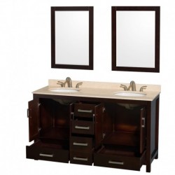 60 inch Double Bathroom Vanity in Espresso, Ivory Marble Countertop, Undermount Oval Sinks, and 24 inch Mirrors