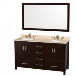 60 inch Double Bathroom Vanity in Espresso, Ivory Marble Countertop, Undermount Oval Sinks, and 58 inch Mirror
