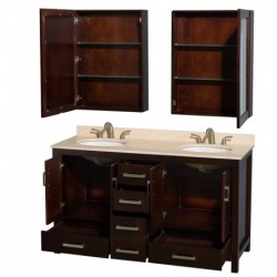 60 inch Double Bathroom Vanity in Espresso, Ivory Marble Countertop, Undermount Oval Sinks, and Medicine Cabinets
