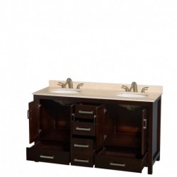 60 inch Double Bathroom Vanity in Espresso, Ivory Marble Countertop, Undermount Oval Sinks, and No Mirror