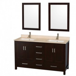60 inch Double Bathroom Vanity in Espresso, Ivory Marble Countertop, Undermount Square Sinks, and 24 inch Mirrors