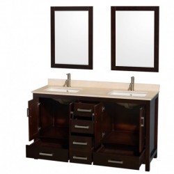 60 inch Double Bathroom Vanity in Espresso, Ivory Marble Countertop, Undermount Square Sinks, and 24 inch Mirrors