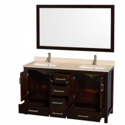 60 inch Double Bathroom Vanity in Espresso, Ivory Marble Countertop, Undermount Square Sinks, and 58 inch Mirror