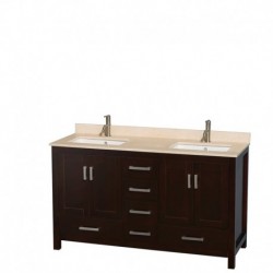 60 inch Double Bathroom Vanity in Espresso, Ivory Marble Countertop, Undermount Square Sinks, and No Mirror
