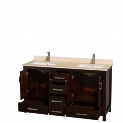 60 inch Double Bathroom Vanity in Espresso, Ivory Marble Countertop, Undermount Square Sinks, and No Mirror