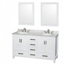 60 inch Double Bathroom Vanity in White, White Carrera Marble Countertop, Undermount Oval Sinks, and 24 inch Mirrors
