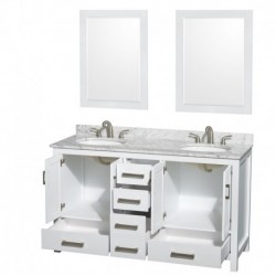 60 inch Double Bathroom Vanity in White, White Carrera Marble Countertop, Undermount Oval Sinks, and 24 inch Mirrors