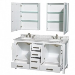 60 inch Double Bathroom Vanity in White, White Carrera Marble Countertop, Undermount Oval Sinks, and Medicine Cabinets