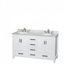 60 inch Double Bathroom Vanity in White, White Carrera Marble Countertop, Undermount Oval Sinks, and Medicine Cabinets