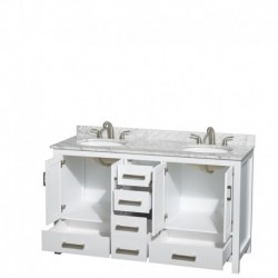 60 inch Double Bathroom Vanity in White, White Carrera Marble Countertop, Undermount Oval Sinks, and No Mirror