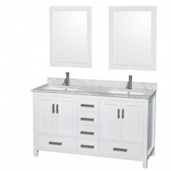 60 inch Double Bathroom Vanity in White, White Carrera Marble Countertop, Undermount Square Sinks, and 24 inch Mirrors
