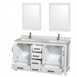 60 inch Double Bathroom Vanity in White, White Carrera Marble Countertop, Undermount Square Sinks, and 24 inch Mirrors