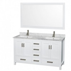 60 inch Double Bathroom Vanity in White, White Carrera Marble Countertop, Undermount Square Sinks, and 58 inch Mirror