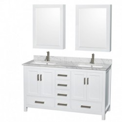 60 inch Double Bathroom Vanity in White, White Carrera Marble Countertop, Undermount Square Sinks, and Medicine Cabinets
