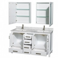 60 inch Double Bathroom Vanity in White, White Carrera Marble Countertop, Undermount Square Sinks, and Medicine Cabinets