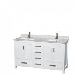 60 inch Double Bathroom Vanity in White, White Carrera Marble Countertop, Undermount Square Sinks, and No Mirror