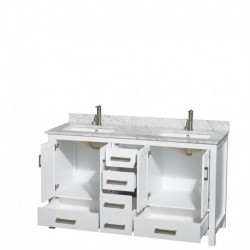 60 inch Double Bathroom Vanity in White, White Carrera Marble Countertop, Undermount Square Sinks, and No Mirror