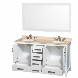 60 inch Double Bathroom Vanity in White, Ivory Marble Countertop, Undermount Oval Sinks, and 58 inch Mirror