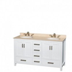 60 inch Double Bathroom Vanity in White, Ivory Marble Countertop, Undermount Oval Sinks, and 58 inch Mirror