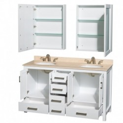 60 inch Double Bathroom Vanity in White, Ivory Marble Countertop, Undermount Oval Sinks, and Medicine Cabinets
