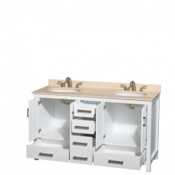 60 inch Double Bathroom Vanity in White, Ivory Marble Countertop, Undermount Oval Sinks, and No Mirror