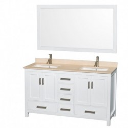 60 inch Double Bathroom Vanity in White, Ivory Marble Countertop, Undermount Square Sinks, and 58 inch Mirror