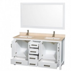 60 inch Double Bathroom Vanity in White, Ivory Marble Countertop, Undermount Square Sinks, and 58 inch Mirror