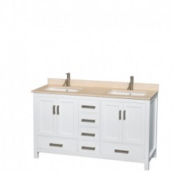 60 inch Double Bathroom Vanity in White, Ivory Marble Countertop, Undermount Square Sinks, and No Mirror