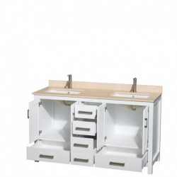 60 inch Double Bathroom Vanity in White, Ivory Marble Countertop, Undermount Square Sinks, and No Mirror