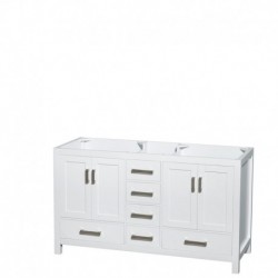 60 inch Double Bathroom Vanity in White, Ivory Marble Countertop, Undermount Square Sinks, and No Mirror