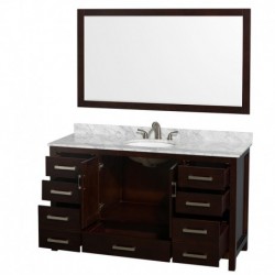 60 inch Single Bathroom Vanity in Espresso, White Carrera Marble Countertop, Undermount Oval Sink, and 58 inch Mirror
