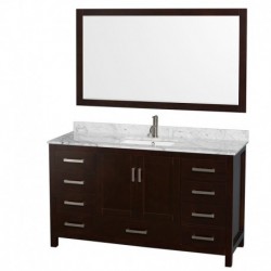 60 inch Single Bathroom Vanity in Espresso, White Carrera Marble Countertop, Undermount Square Sink, and 58 inch Mirror