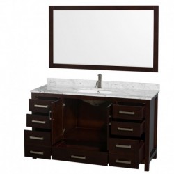 60 inch Single Bathroom Vanity in Espresso, White Carrera Marble Countertop, Undermount Square Sink, and 58 inch Mirror