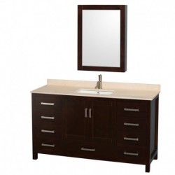 60 inch Single Bathroom Vanity in Espresso, Ivory Marble Countertop, Undermount Square Sink, and Medicine Cabinet