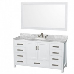 60 inch Single Bathroom Vanity in White, White Carrera Marble Countertop, Undermount Oval Sink, and 58 inch Mirror