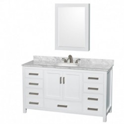 60 inch Single Bathroom Vanity in White, White Carrera Marble Countertop, Undermount Oval Sink, and Medicine Cabinet