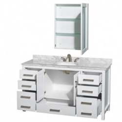 60 inch Single Bathroom Vanity in White, White Carrera Marble Countertop, Undermount Oval Sink, and Medicine Cabinet