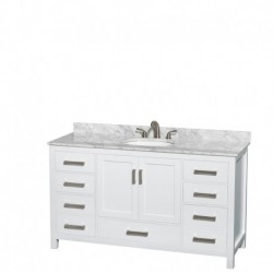 60 inch Single Bathroom Vanity in White, White Carrera Marble Countertop, Undermount Oval Sink, and No Mirror